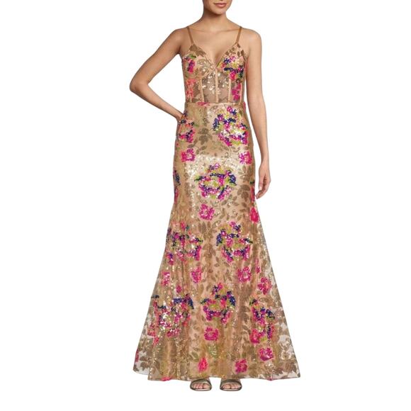 Dear Moon Dresses Dear Moon Floral Sequin Corset Lace-Up Back Long Dress Sz 1 - Picture 4 of 8